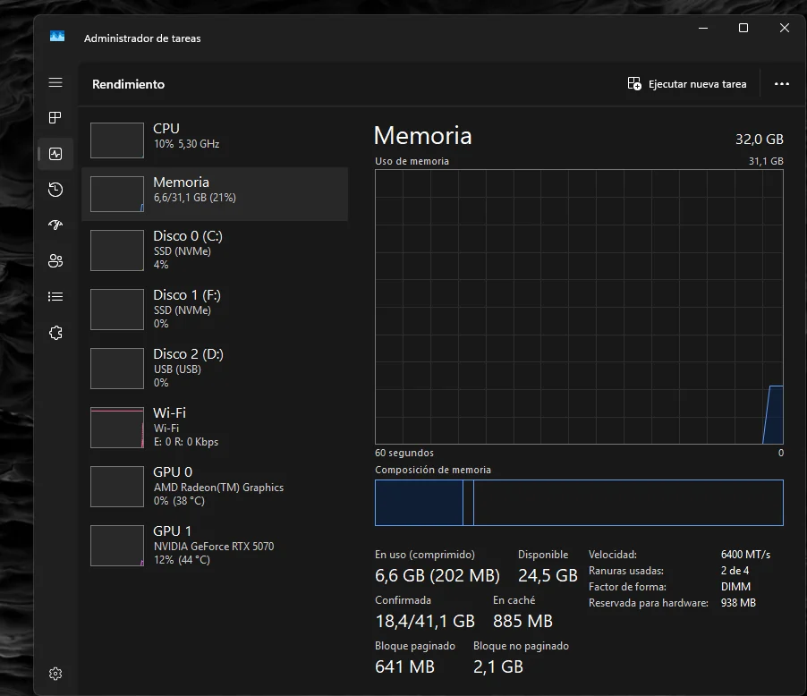 Administrador de tareas mostrando 32 GB DDR5 a 6400 MT por segundo y una RTX 5070