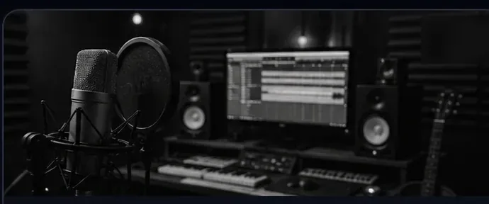 Estudio de grabación con micrófono, monitores y equipo de producción musical